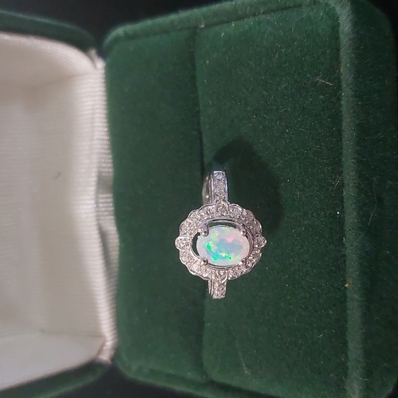 Sterling Silver Genuine Opal and White Topaz Ring sz7